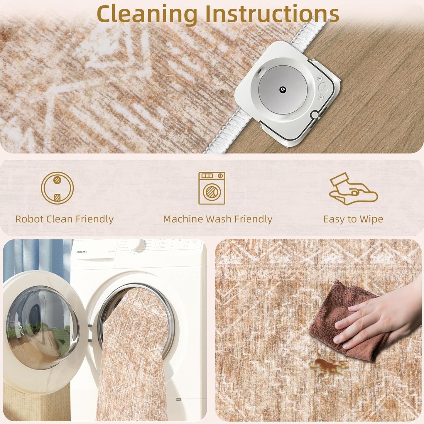 Moroccan Area Rug 2x3 - Washable Distressed Entryway Rug Non-Slip Small Rug, Soft Low-Pile Geometric Farmhouse Indoor Door Mat Floor Carpet for Entrance Bedroom Kitchen Bathroom (2 x 3, Brown)