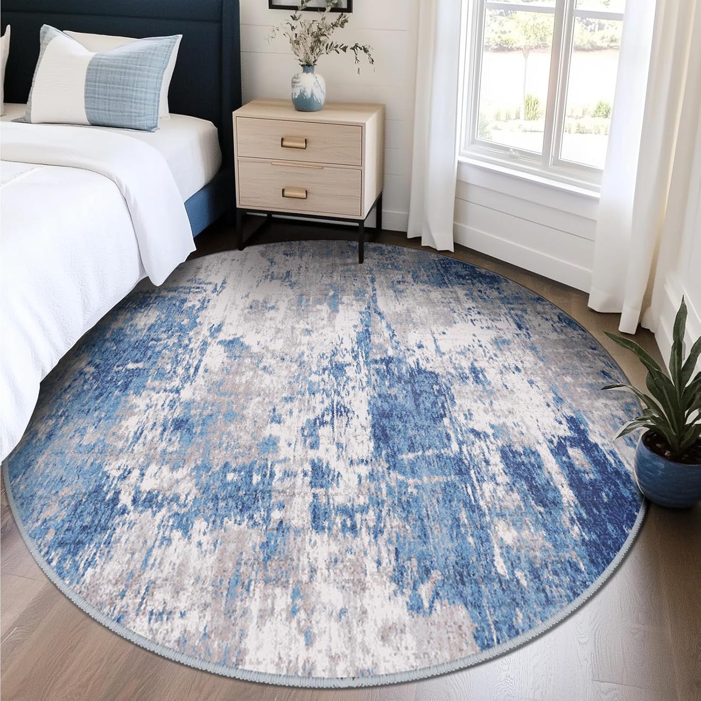 Washable Area Rugs 8ft Non-Slip Modern Abstract Soft for Living Room Entryway Bedroom Nursery, Print Pattern, Blue Grey Navy Gray