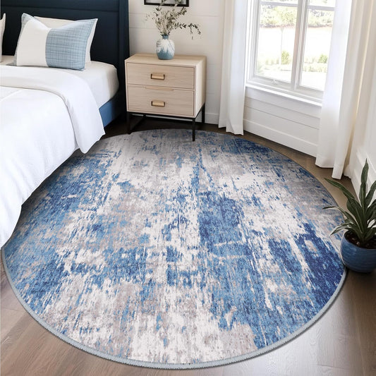 Washable Area Rugs 4ft Non-Slip Modern Abstract Soft for Living Room Entryway Bedroom Nursery, Print Pattern, Blue Grey Navy Gray