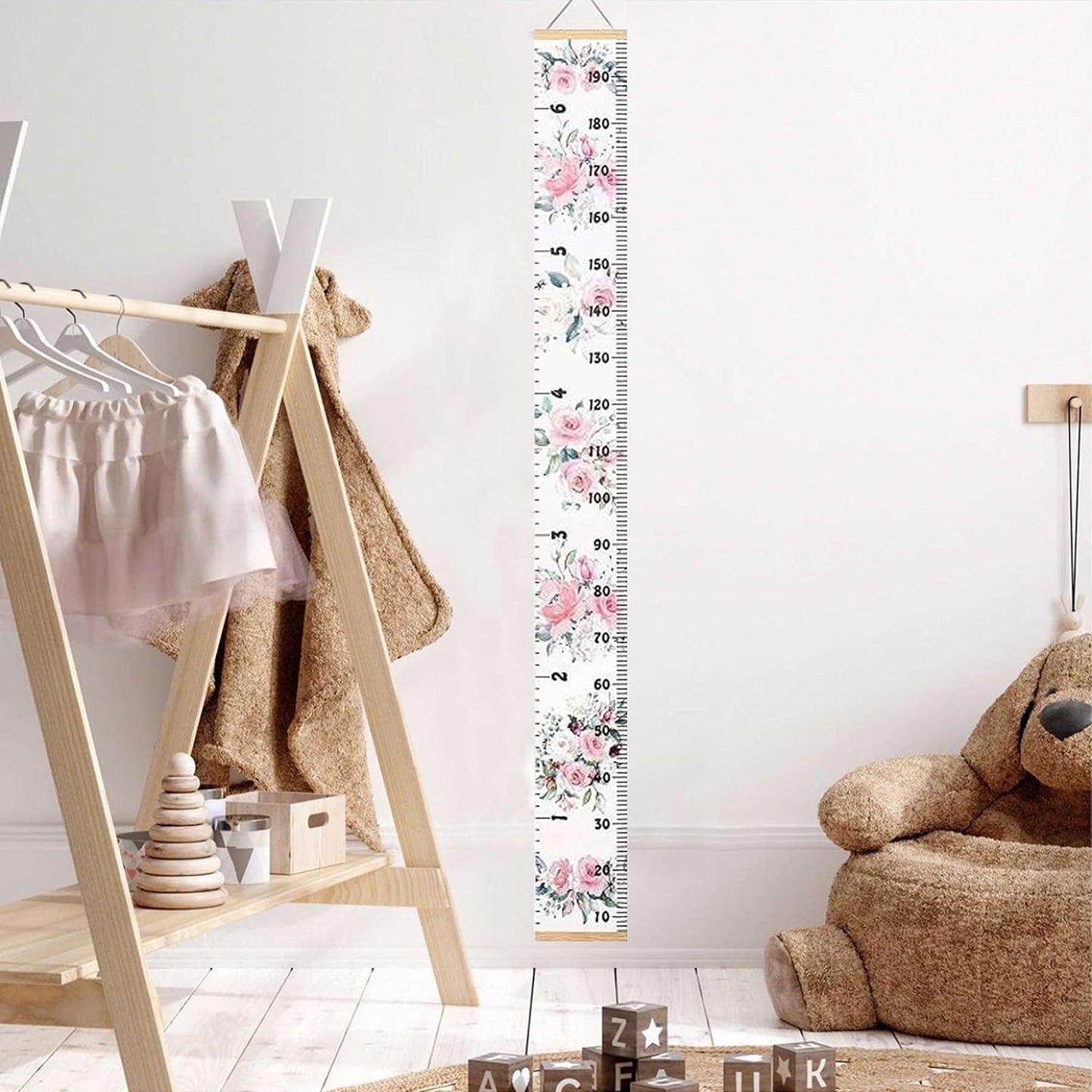 Kids Growth Chart, Wood Frame Fabric Canvas Height Measurement Ruler from Baby to Adult for Child's Room Decoration 7.9 x 79in (7.9 x 79in, Flowers)