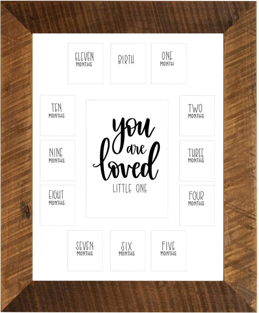 Rustic Red Door You Are Loved Little One Picture Frame with 12 Slots - Registry for Baby Photo Frame - Barnwood Frame & White Mat - My First Year Picture Frame (11x14 Inches)