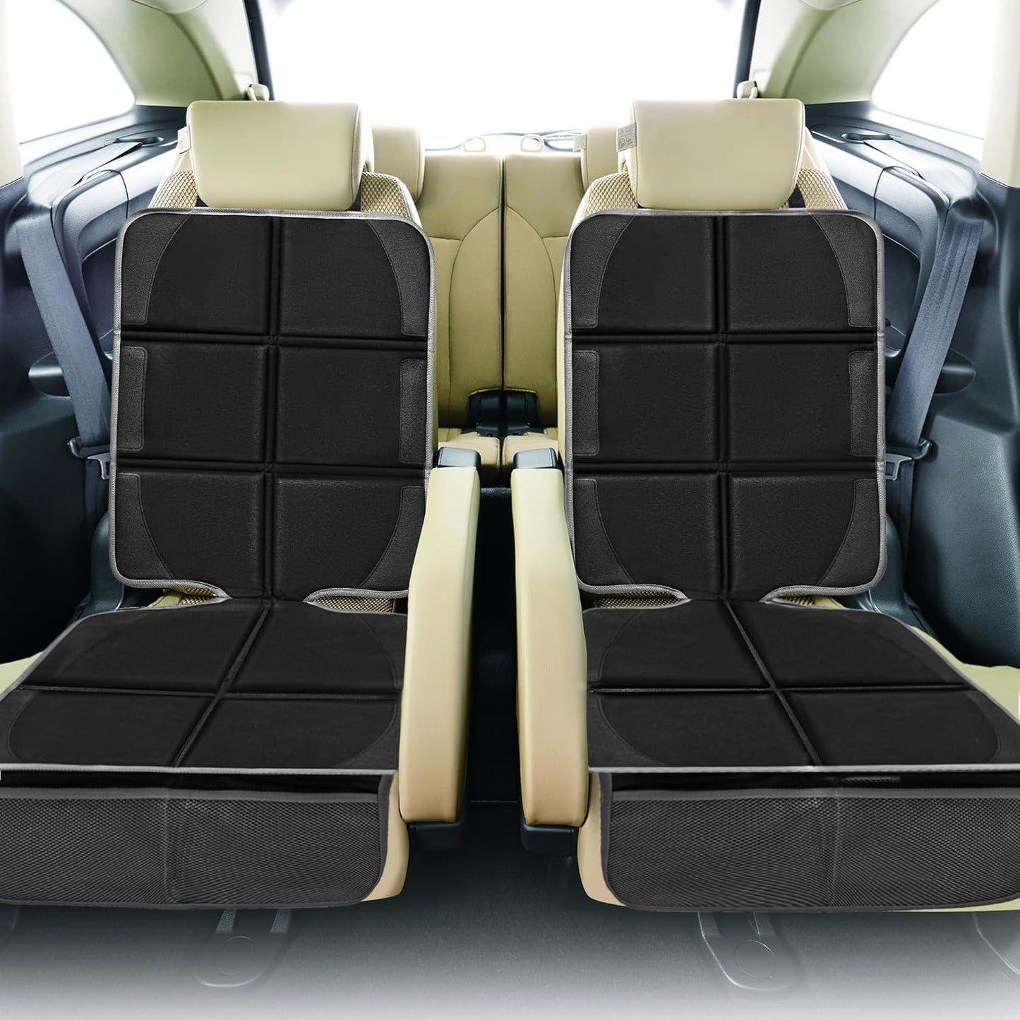 Car Seat Protector 2 Pack Baby Car Seat Covers with Mesh Pockets & Non-Slip Backing 600D Durable Seat Protector Under Baby Car Seat (Black & Gray, Large)