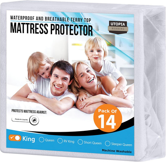 Utopia Bedding Waterproof Mattress Protector King Size (Pack of 14), Premium Terry Mattress Cover 200 GSM, Breathable, Fitted Style with Stretchable Pockets (White)