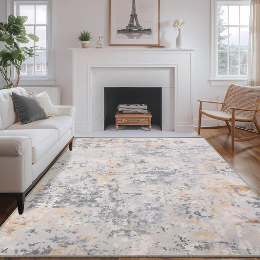 8x10 Grey Area Washable Rugs for Living Room, Abstract Modern Non Slip Bedroom Rugs, Neutral Large Low Pile Carpet Stain Resistant for Dining Room, Kids Playroom, Office