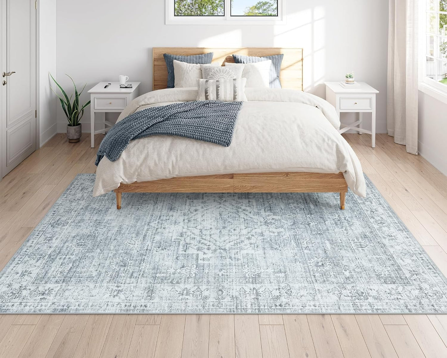 LIVEBOX Washable Area Rug 5x7 Rugs for Living Room Bedroom, Non-Slip Boho Neutral Carpet for Dining Room Office, Low-Pile Farmhouse Soft Carpets for Kids Nursery Room Playroom, Grey