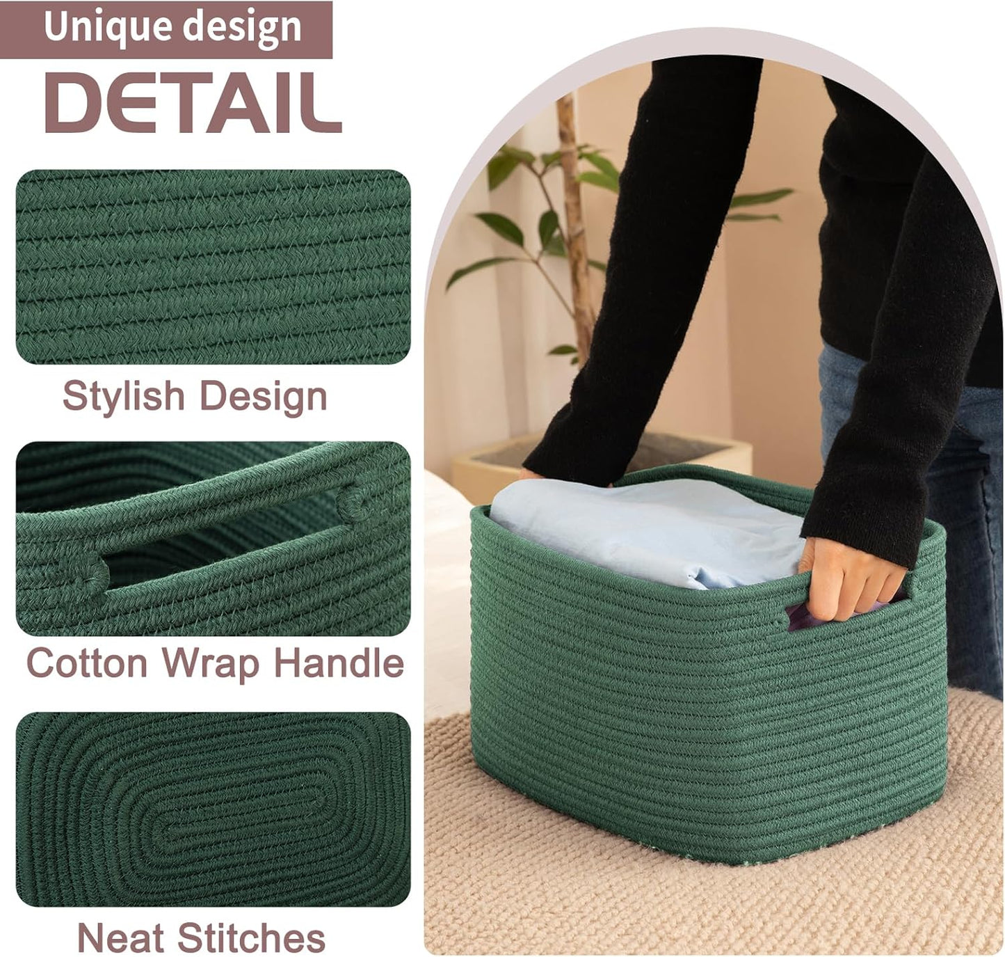 OIAHOMY 4 Pack Storage Baskets for Organizing, Cube Storage Bins for Shelves, Rectangle Storage Baskets With Handles, Woven Baskets for Storage, 12.7''Lx9''Wx7.8''H, Green