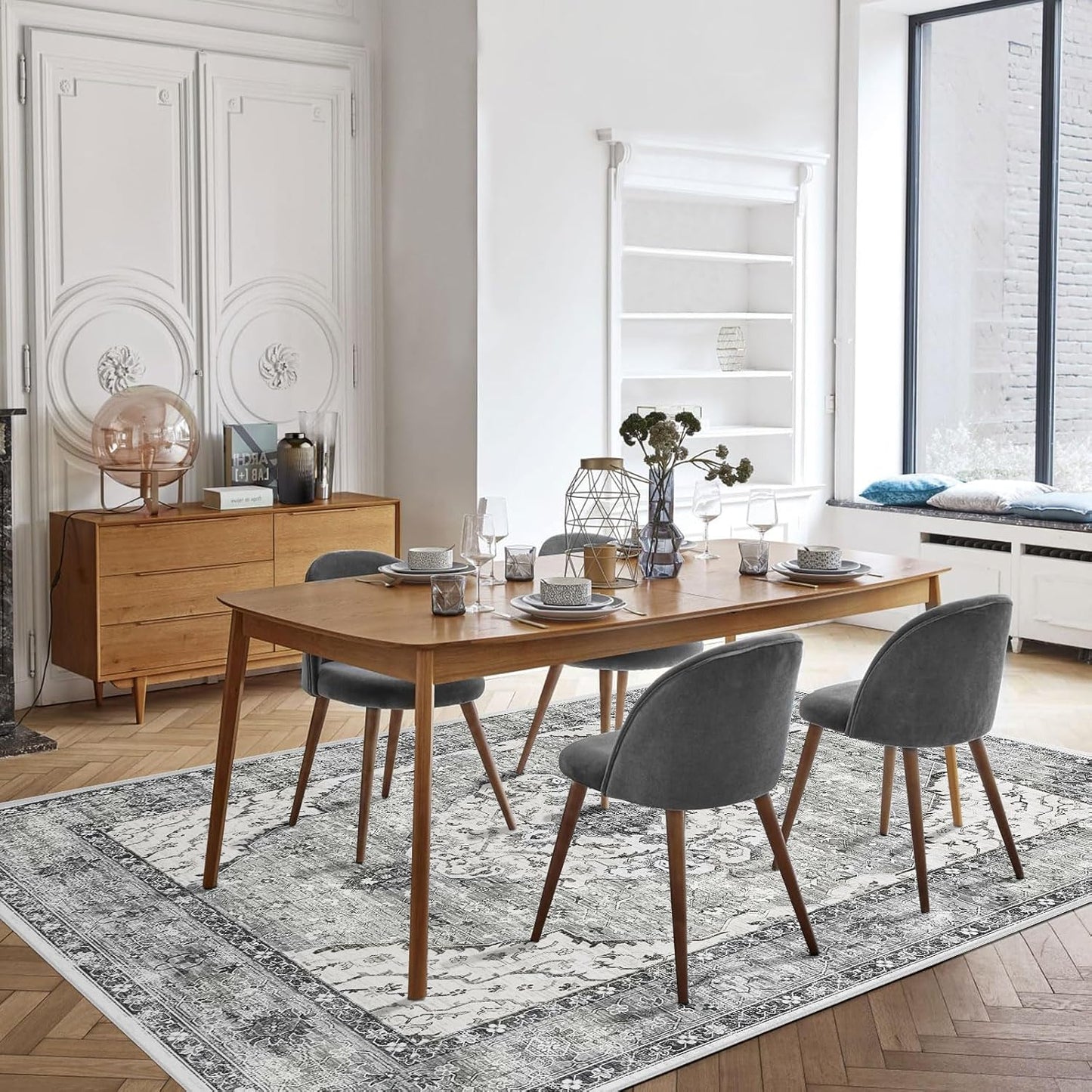 Deerly 8x10 Rug for Living Room Boho Washable Rugs Large Non-Slip Distressed Carpet Area Rug Oriental Neutral Print Floor Rug Indoor Stain Resistant Border Grey/Navy