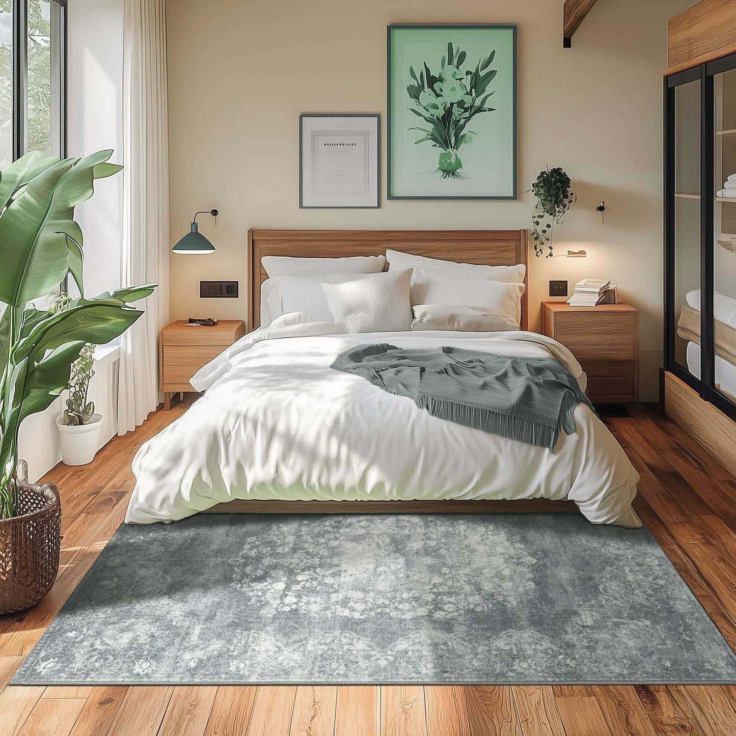 jinchan Washable Area Rug 8x10 for Living Room - Soft Faux Wool Ultra-Thin Stain Resistant Non-Slip Distressed Vintage Floral Large Carpet for Bedroom,Dining Room,Home Office,Nursery(Grey, 8'x10')