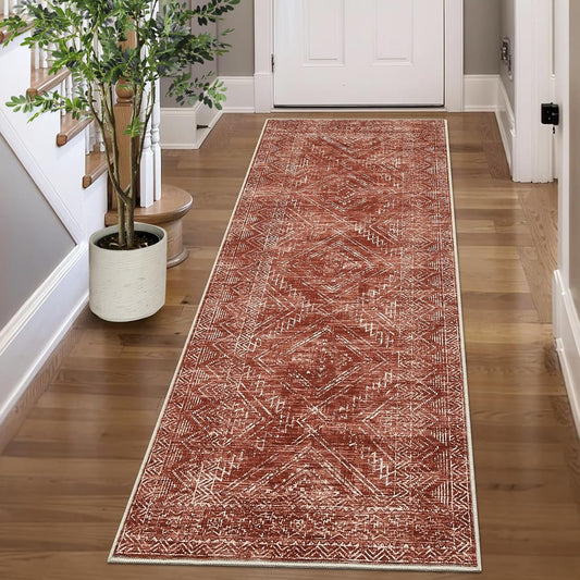 COZYLOOM 2x6 Rug Modern Indoor Area Rug Machine-Washable for Living Room or Hallway Softness Foldable Mat for Easy Storage Geometric Design Non Slip Rug Low Pile Stain Resistant Carpet, Brick Red