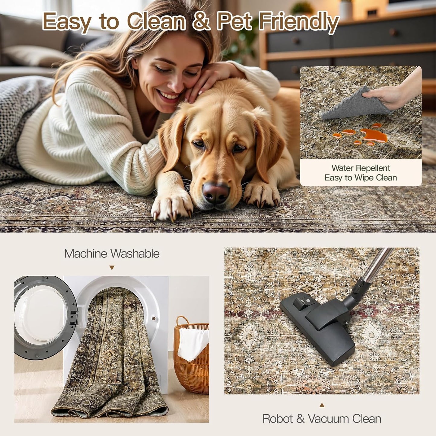 Lofus 8x10 Area Rug for Living Room,Brow Washable Large Rugs with Non-Slip Backing,Soft Neutral Carpets for Bedroom Dining Room Home Office Indoor Nursery