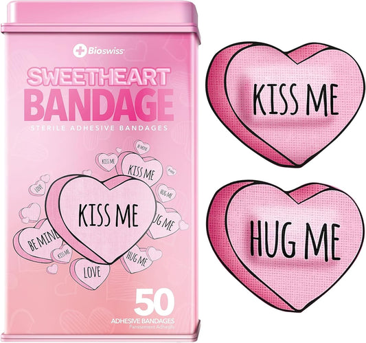 BioSwiss Bandages, Valentine Heart Shaped Self Adhesive Bandage, Latex Free Sterile Wound Care, Fun First Aid Kit Supplies for Kids, 50 Count