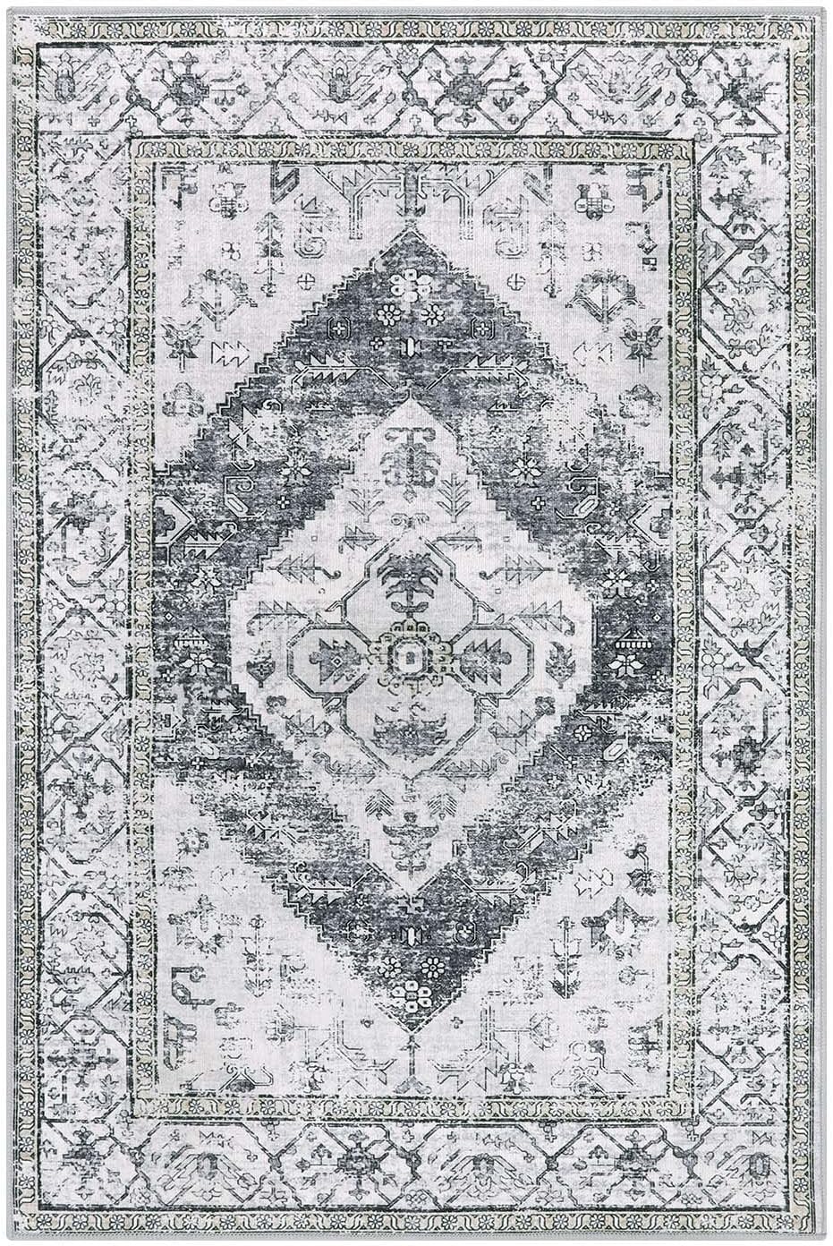 Lahome Boho Washable Rugs for Entryway - 2x3 Small Non-Slip Kitchen Rug Throw Lightweight Area Rugs for Bedroom Grey Print Oriental Distressed Bathroom Mat Floor Doormat Carpet for Laundry Living Room