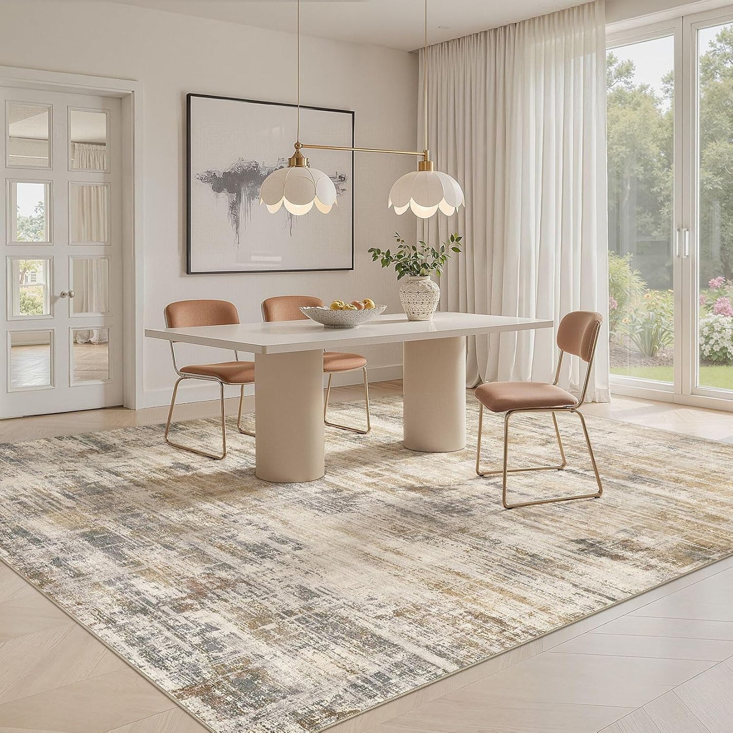 Area Rug for Living Room: 12x15 Washable Neutral Abstract Modern Soft Rugs Non Slip Indoor Floor Stain Resistant Large Carpet for Bedroom Dining Room Office Nursery - Golden Brown