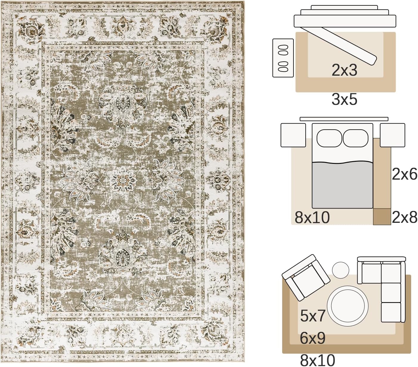 jinchan 9x12 Area Rugs for Living Room - Machine Washable Vintage Floral Distressed Design Stain Resistant Carpet Low Pile Non-Slip Large Rug for Bedroom Dining Room Home Office (9‘x12',Taupe)