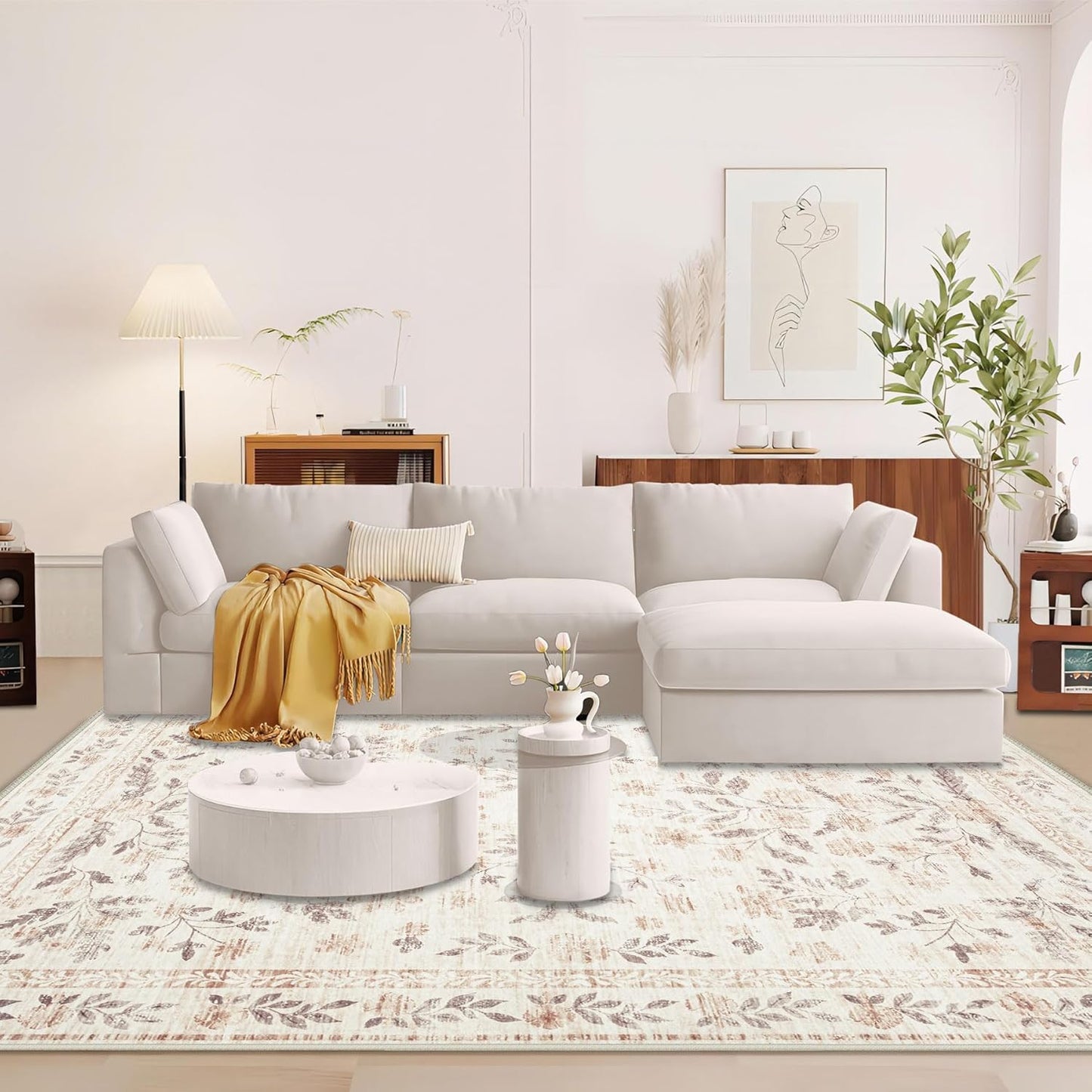 Rugs for Living Room 8x10 Rug, Washable Floral Boho Area Rug Non Slip Soft Low Pile Large Rugs for Bedroom Girls, Dining Room, Office, Kids Playroom(8'x10', Floral Beige)