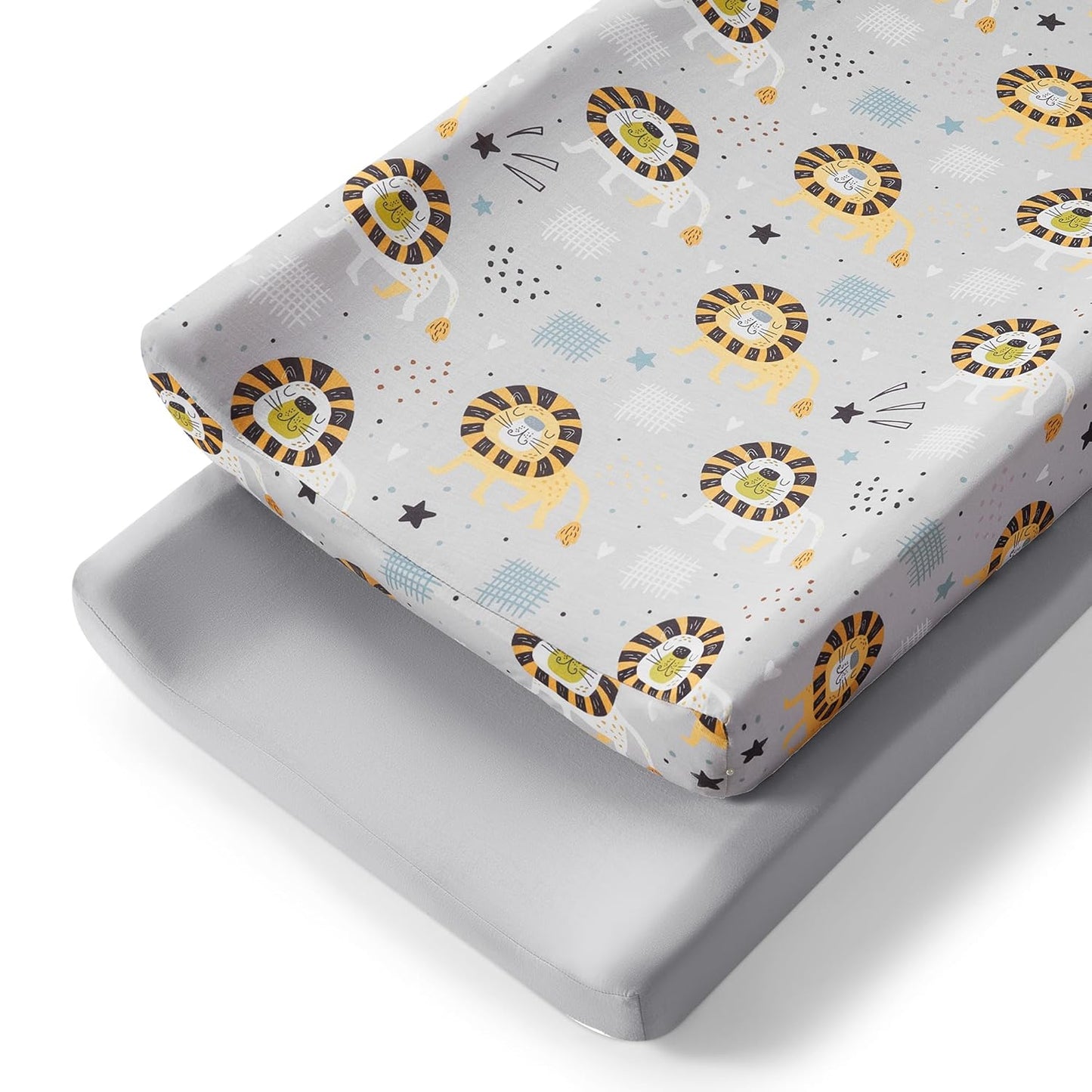 TILLYOU Changing Pad Cover Set in Soft Jersey Material - Fits 32"/34''x16 Contoured Pad for Babies, Lion's Paradise and Grey
