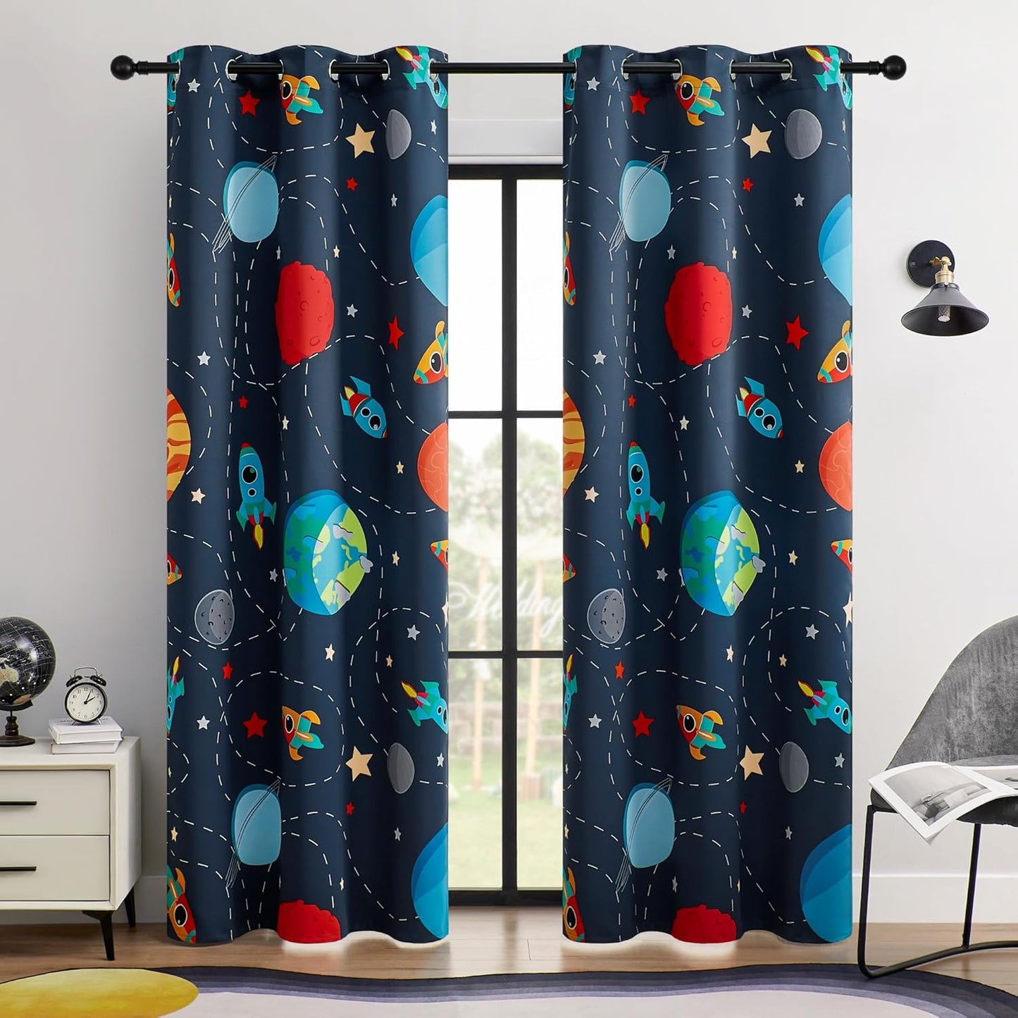 Kids Space Themed Blackout Curtains - 100% Blackout, Perfect for Bedroom and Nursery with Vibrant Cosmos Patterns, Noise Reduction, Thermal Insulated, 2 Panels (Space, W42×L84)