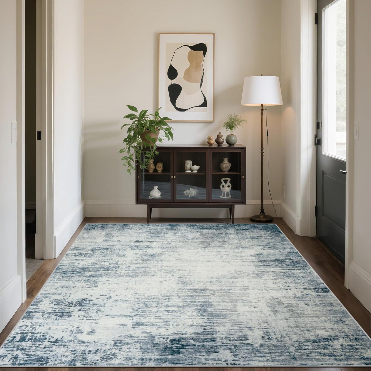 5x7 Area Rugs for Living Room Bedroom, Abstract Washable Rugs with Non-Slip Backing, Stain Resistant Indoor Floor Carpet for Dining Room Table Nursery Hallway Home Office-Blue/Ivory