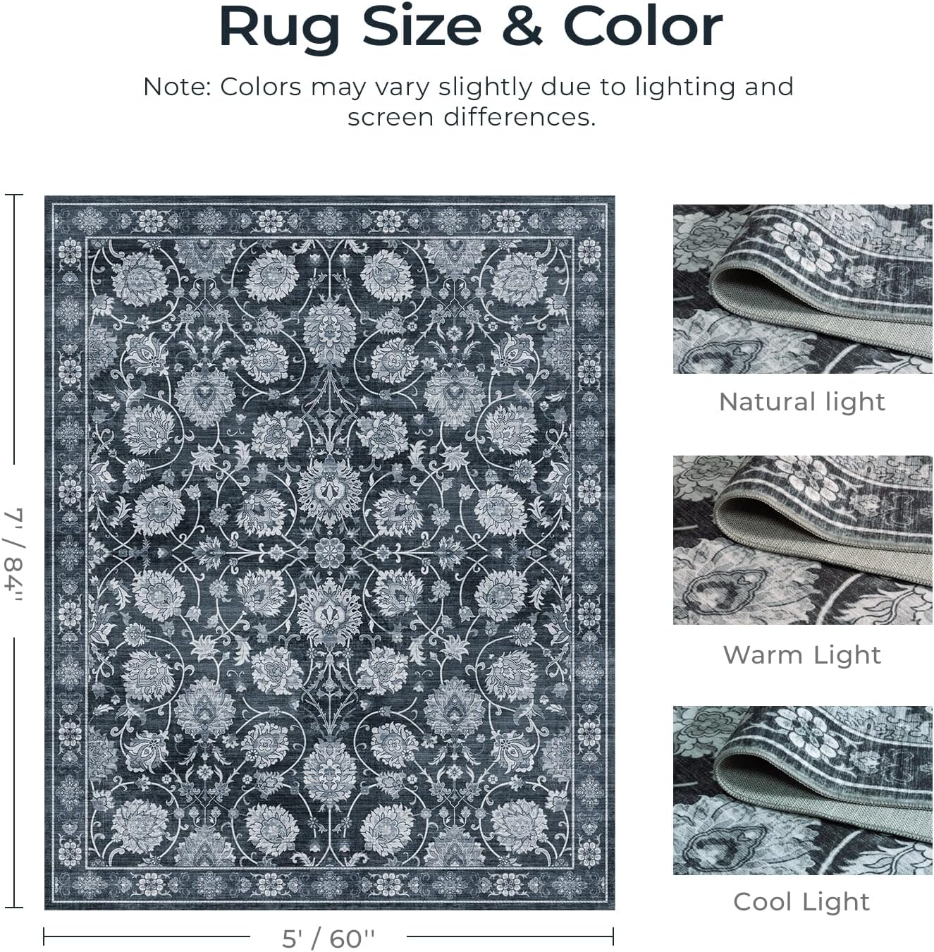 Area Rug 5x7 for Living Room & Bedroom, Large Washable Rugs, Soft & Non Slip, Vintage Carpet, Low Pile Wool Carpets for Indoor Under Table Dining Home Office Nursery Playroom, Black