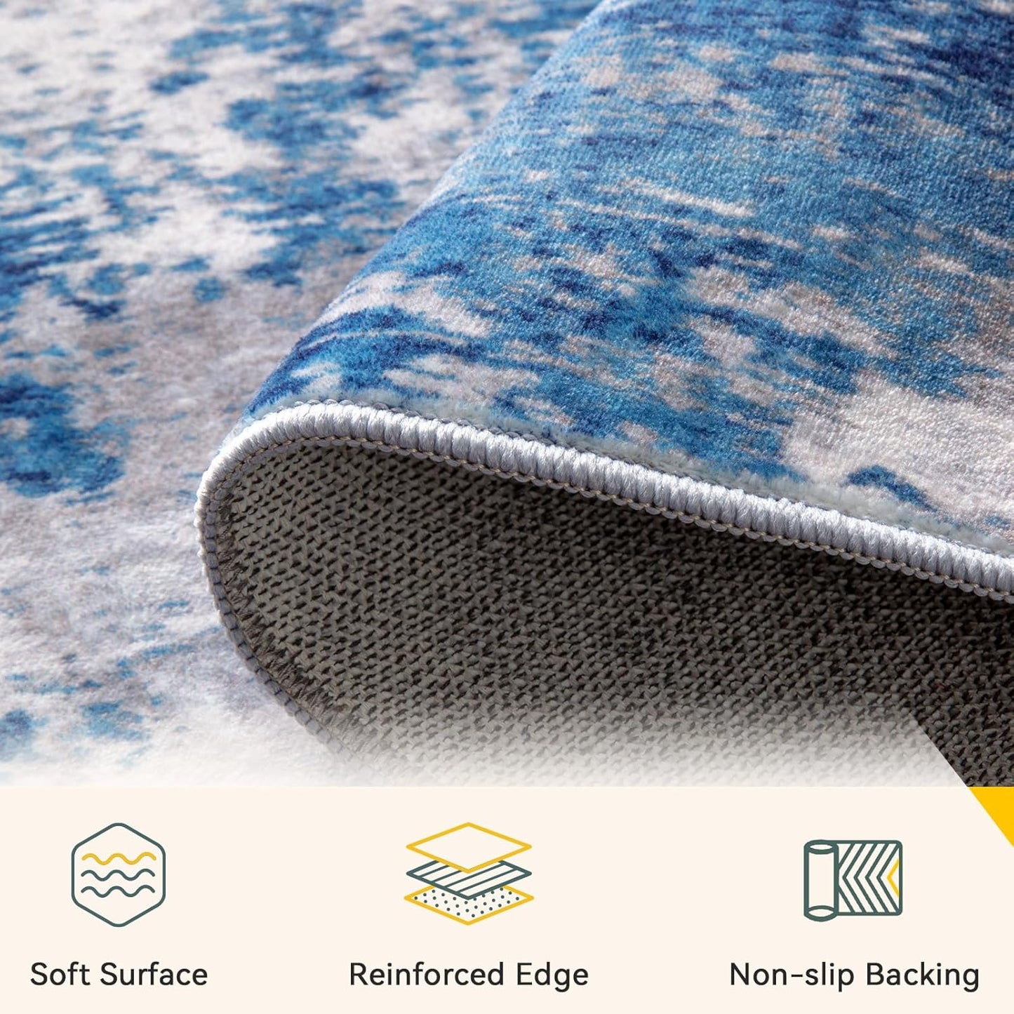 Washable Area Rugs 7'x9' Non-Slip Modern Abstract Soft for Living Room Entryway Bedroom Nursery, Print Pattern, Blue Grey Navy Gray