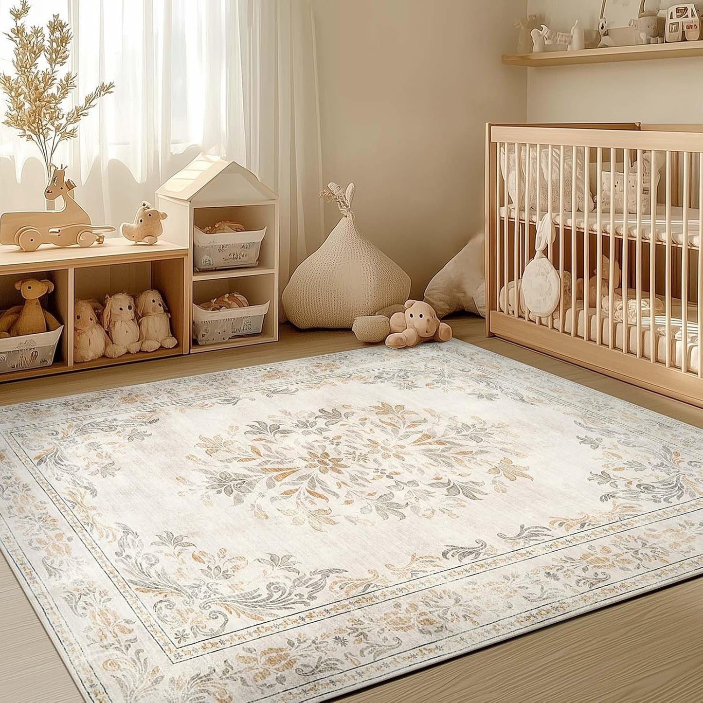 jinchan Vintage Floral 4x6 Area Rugs - Machine Washable Distressed Design Soft Ultra-Thin Low-Pile Non-Slip Carpet for Entryway Kitchen Bedroom Nursery Living Room Dining Room (4x6ft,Light Grey)