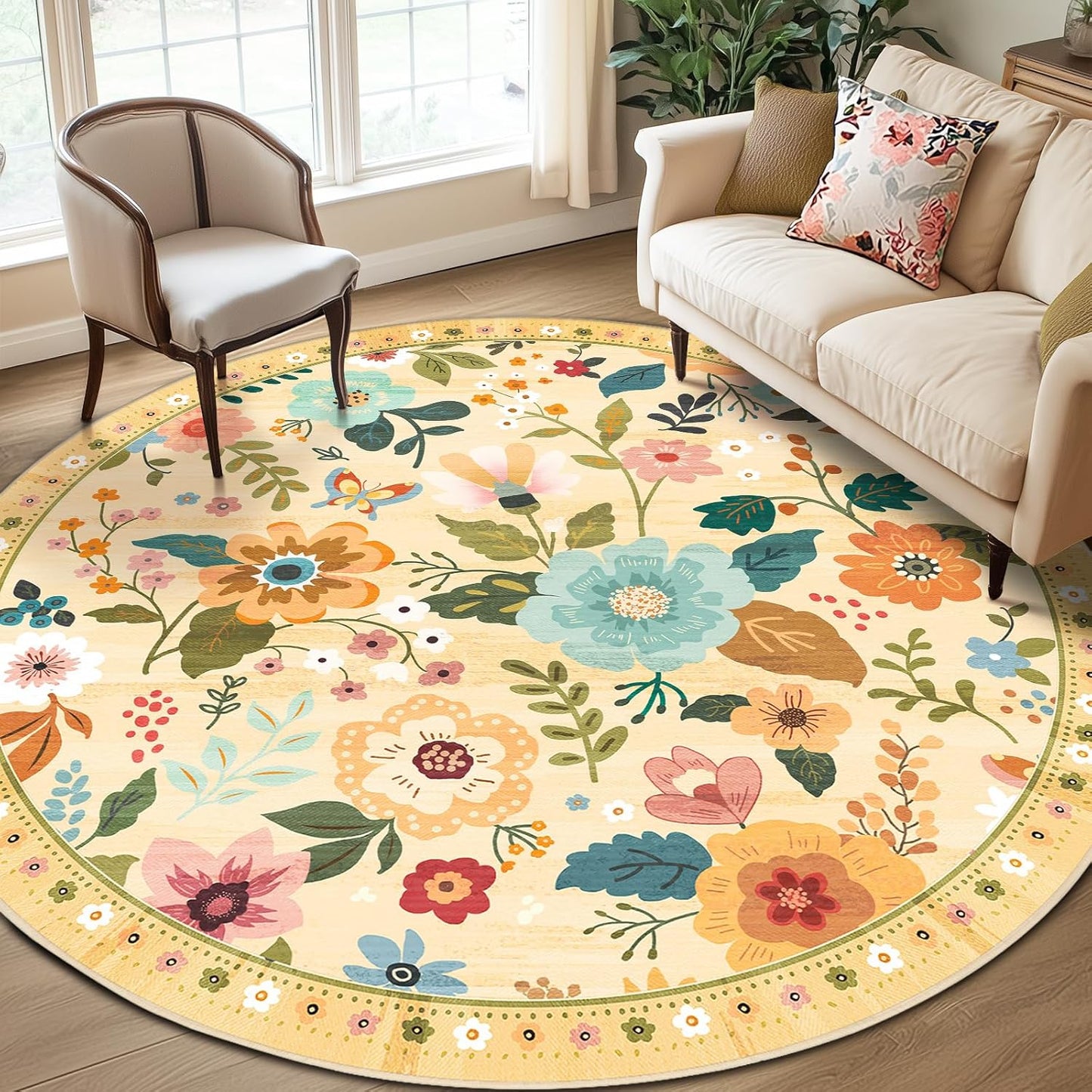 Floral 8ft Area Rug Machine Washable Soft Print Boho Carpet Non Slip Doormat Low Pile Flower Area Rugs for Living Room Bedroom Nursery Kitchen Dining Room Indoor-Ivory/Yellow