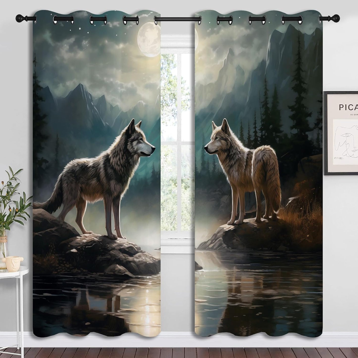 Wolf Blackout Curtains for Boys Girl Bedroom Decor,Moon Mountain Pine Forest Wild Animals Thermal Insulated Grommet Drapes Darkening Window Curtain for Living Room Home 84x63 inch