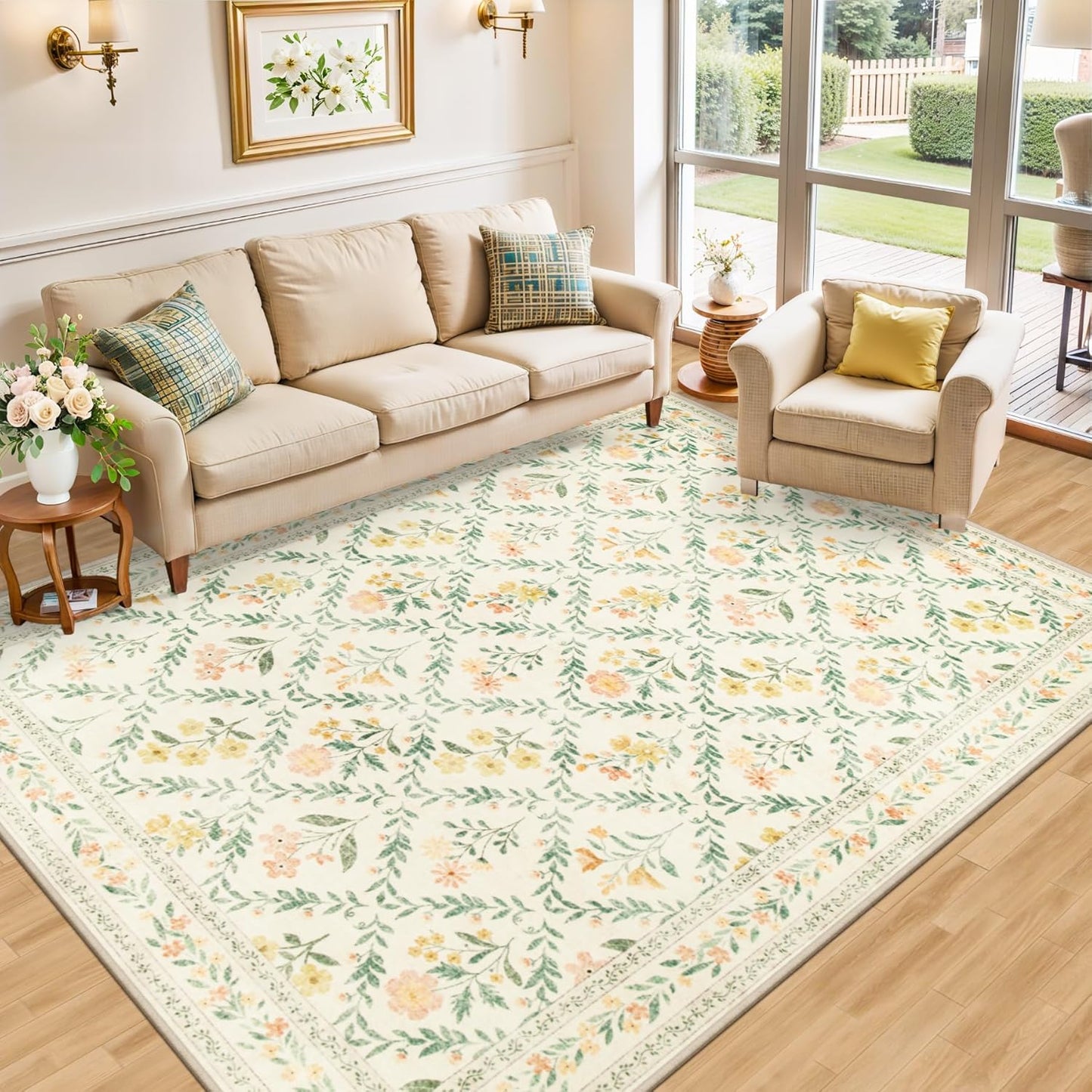 Area Rug Living Room Rugs: Floral 5x7 Washable Rug Vintage Soft Boho Non-Slip Carpet Indoor Stain Resistant Large Carpets for Bedroom Dining Room Farmhouse Nursery Hallway Home Office Beige/Multi