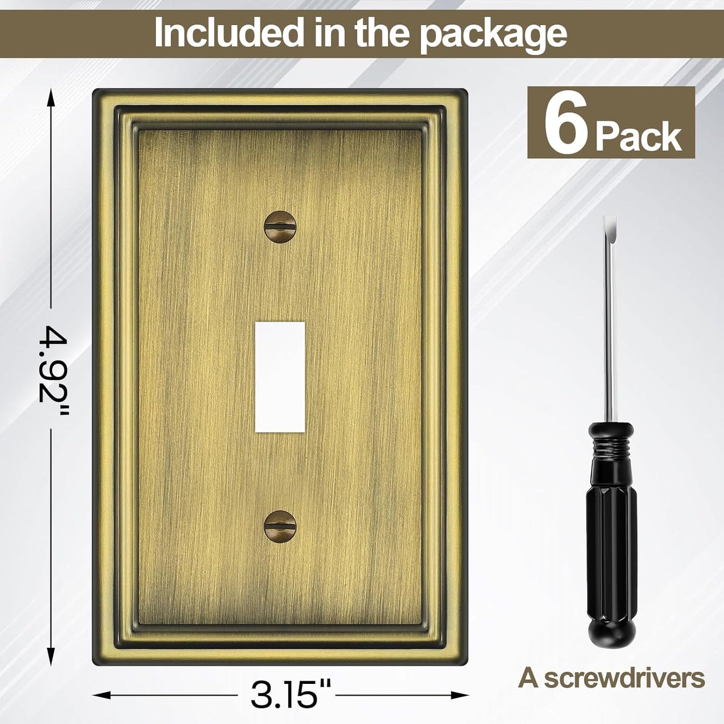 Antique Brass Decorative Light Switch Covers Plate, Metal Material 1 Gang Wall Plates for Light Switch, Single Toggle Switch Plate Cover - Classic Style, 6 Pack