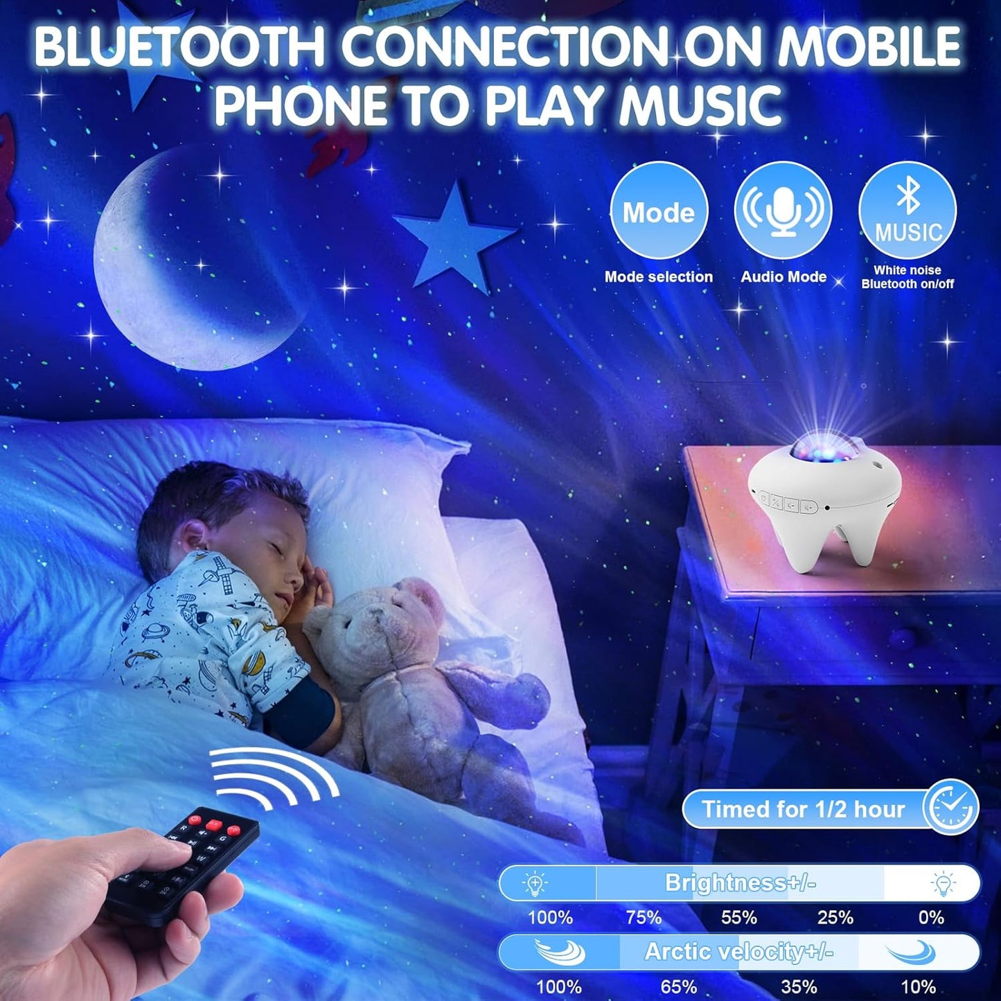 Galaxy Moon Projector, Star Night Light Projector with Bluetooth Connection for Music and Timer and Remote Control for Kids Adults Bedroom Party Bar Decoration (White)