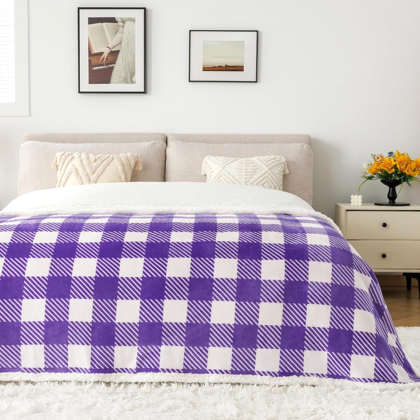 Touchat Sherpa Plaid Twin Blanket 60" X 70", Fuzzy Fluffy Soft Cozy Throw Blanket, Twin Size Plush Fleece Flannel Plush Microfiber Blanket for Couch Bed Sofa (PurpleWhite)
