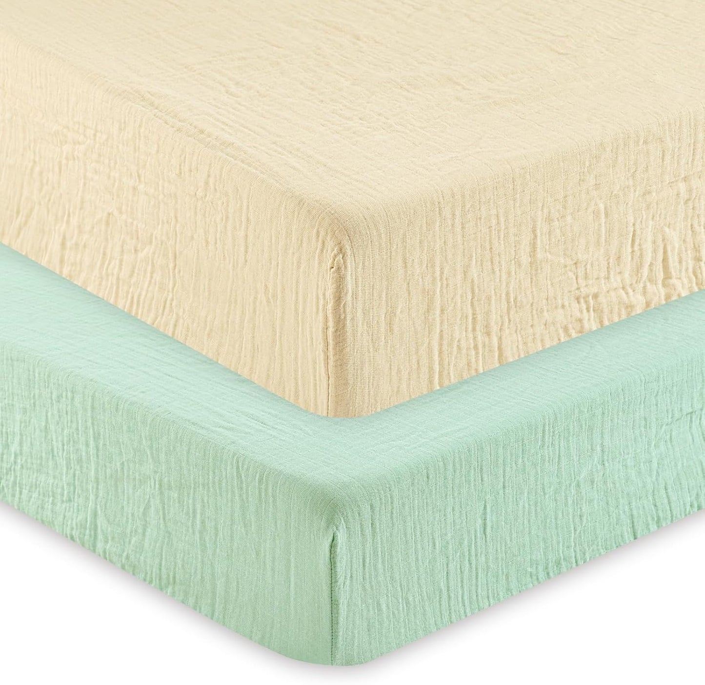 david's kids Muslin Crib Sheets for Boys Girls, 2 Pack 100% Cotton Soft Breathable Fitted Baby Sheet Set, 28x52 Inch Fits Standard Crib and Toddler Mattresses, Beige & Green