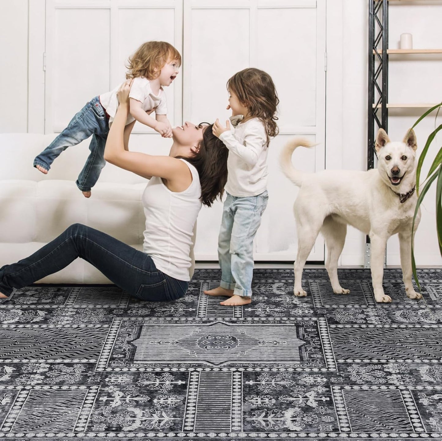 Washable Rugs 5x7 Area Rugs for Living Room, Thin Carpet for Bedroom, Soft Faux Wool Retro Dining Room Rug，Non Slip&Non-Shedding Resistant Low Pile Vintage Print Rug for Home Office (Grey)