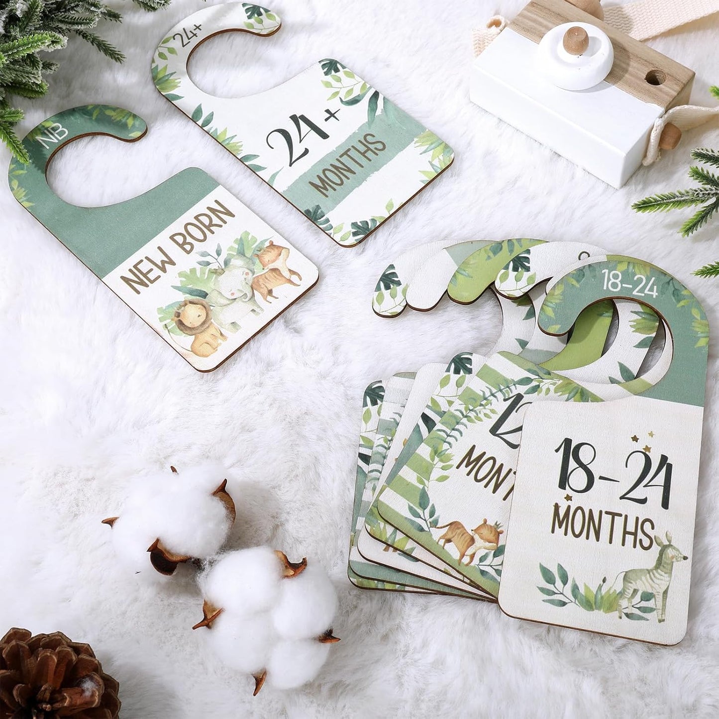 Whaline 8Pcs Baby Closet Size Dividers Watercolor Jungle Animals Hanging Wooden Baby Closet Organizer Double-Sided Newborn to 24 Months Thicken Baby Wardrobe Organizer