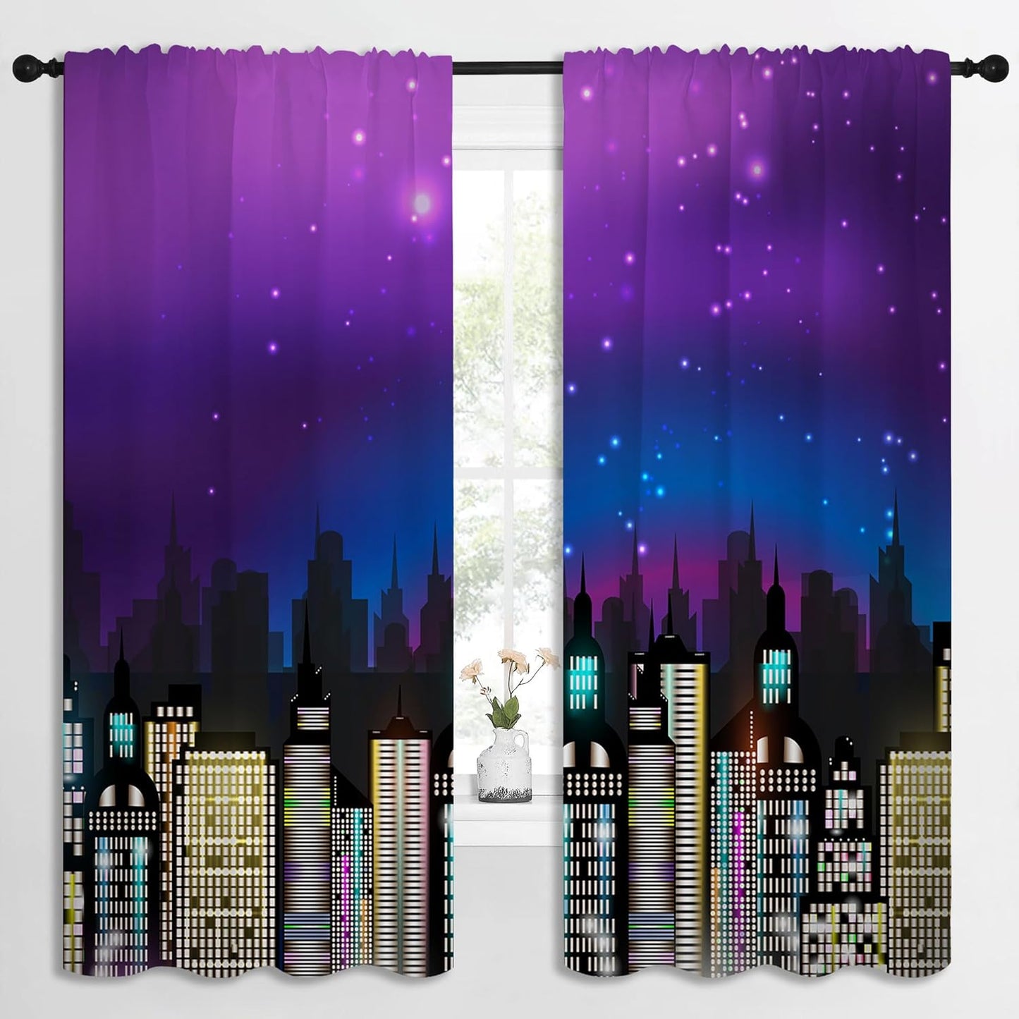 Superhero Rod Pocket Blackout Curtains for Boy Girl Bedroom, Super City Skyline Buildings Night Panorama Thermal Insulated Home Window Drapes for Living Room Darkening, 72x63 inch