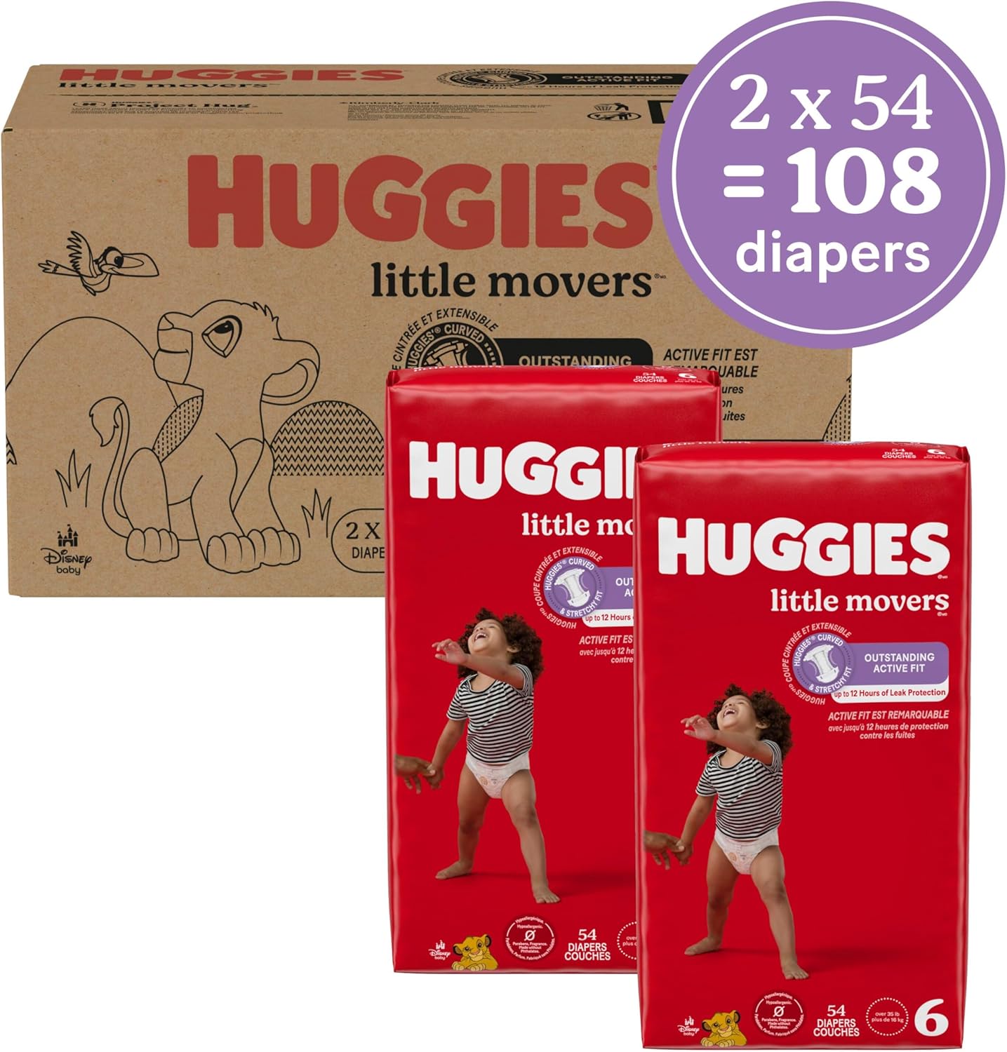 Huggies Size 6 Diapers, Little Movers Baby Diapers, Size 6 (35+ lbs), 108 Count (2 Packs of 54), Packaging May Vary