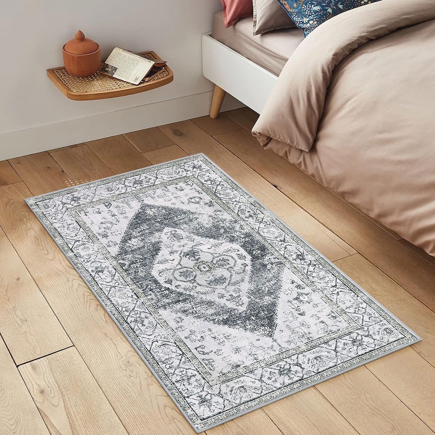 Lahome Boho Washable Rugs for Entryway - 2x3 Small Non-Slip Kitchen Rug Throw Lightweight Area Rugs for Bedroom Grey Print Oriental Distressed Bathroom Mat Floor Doormat Carpet for Laundry Living Room