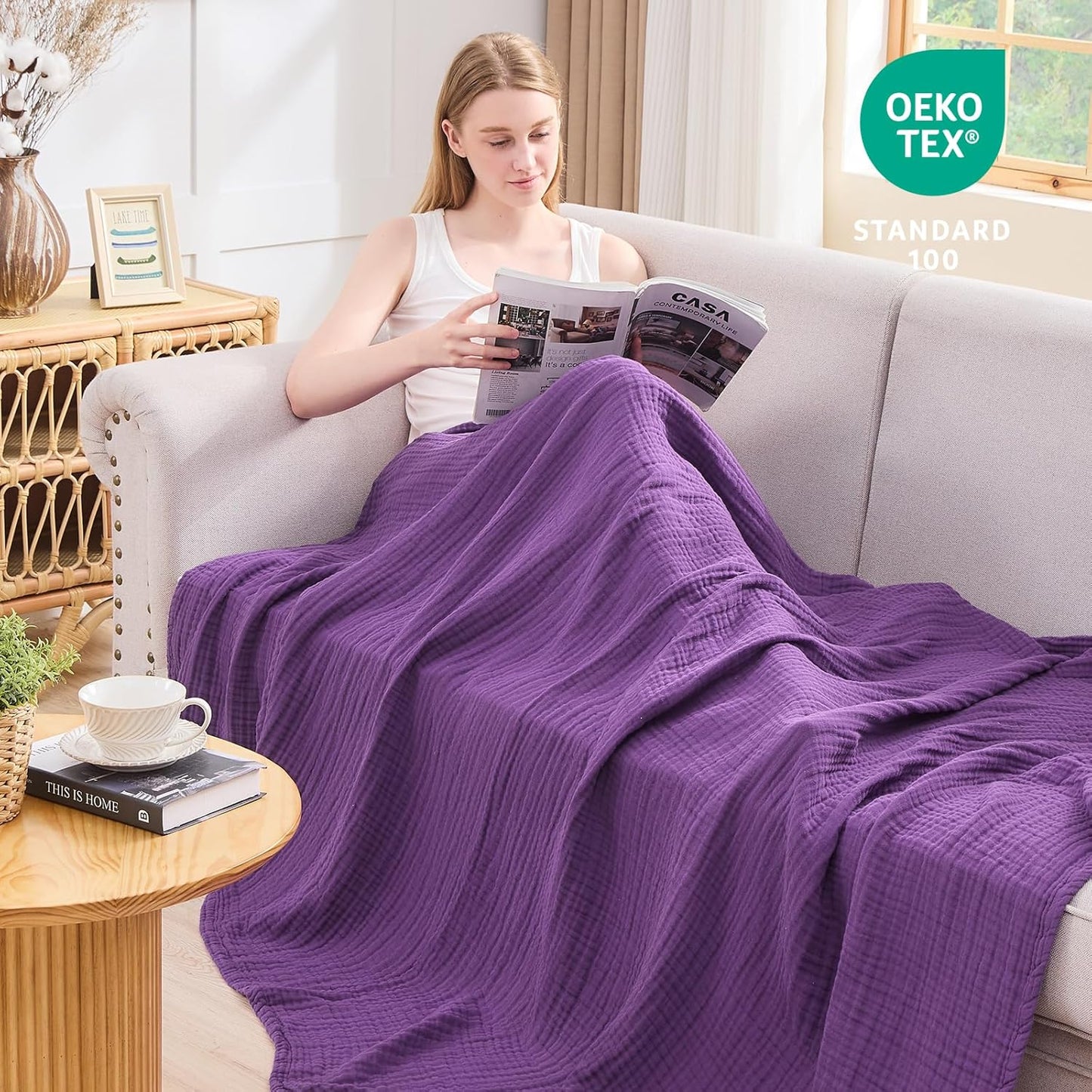 EMME Cotton Muslin Queen Blanket Bed Layering Breathable Gauze Blanket Soft Lightweight Blankets Adults (Purple, 90"x90")