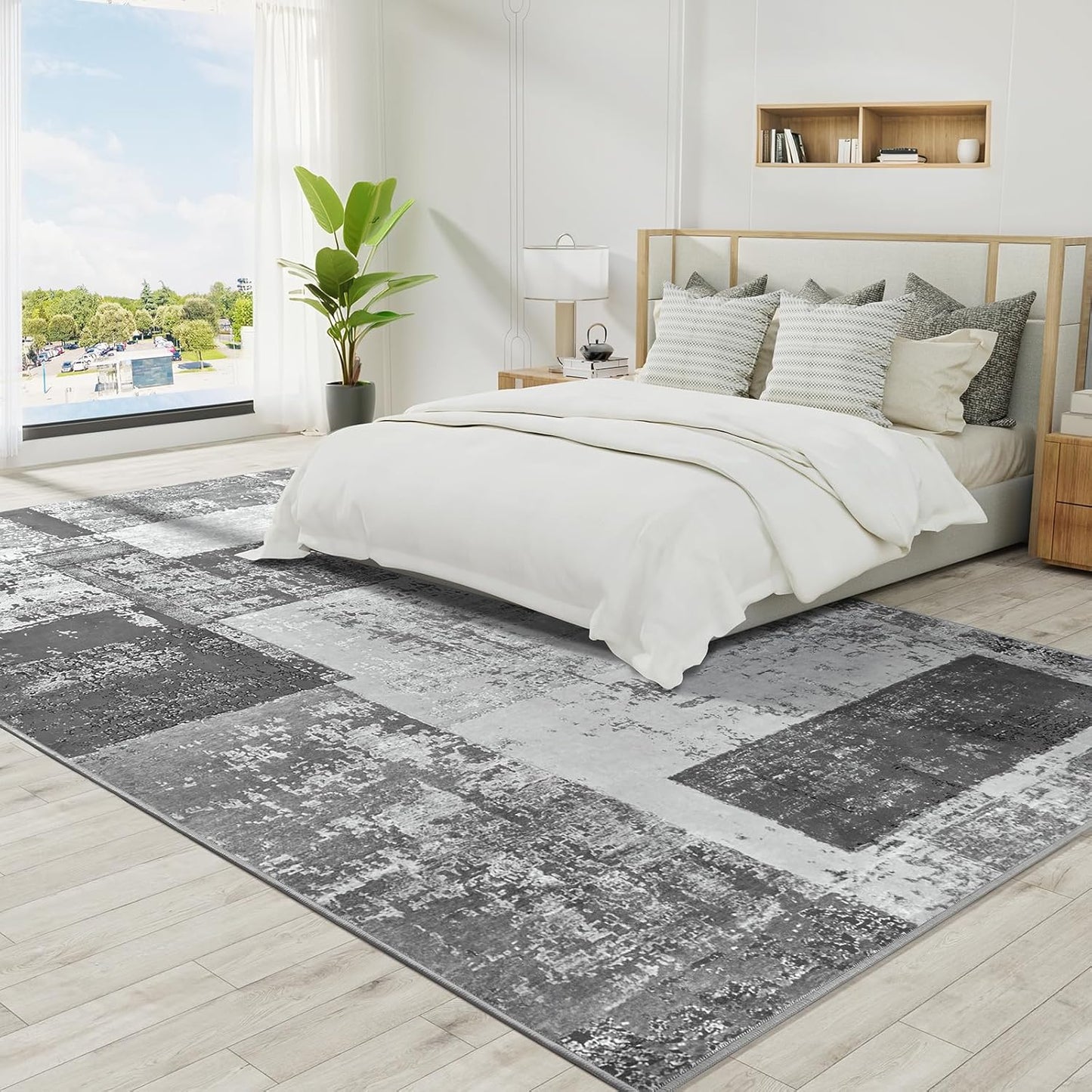 LOCHAS Rug for Living Room, Washable Soft Area Rugs for Bedroom 9x12, Abstract Carpet for Indoor Office Kids Dining Room Nursery Floor, Grey Geometric Vintage Home Decor, Non Slip, Pet Child Friendly