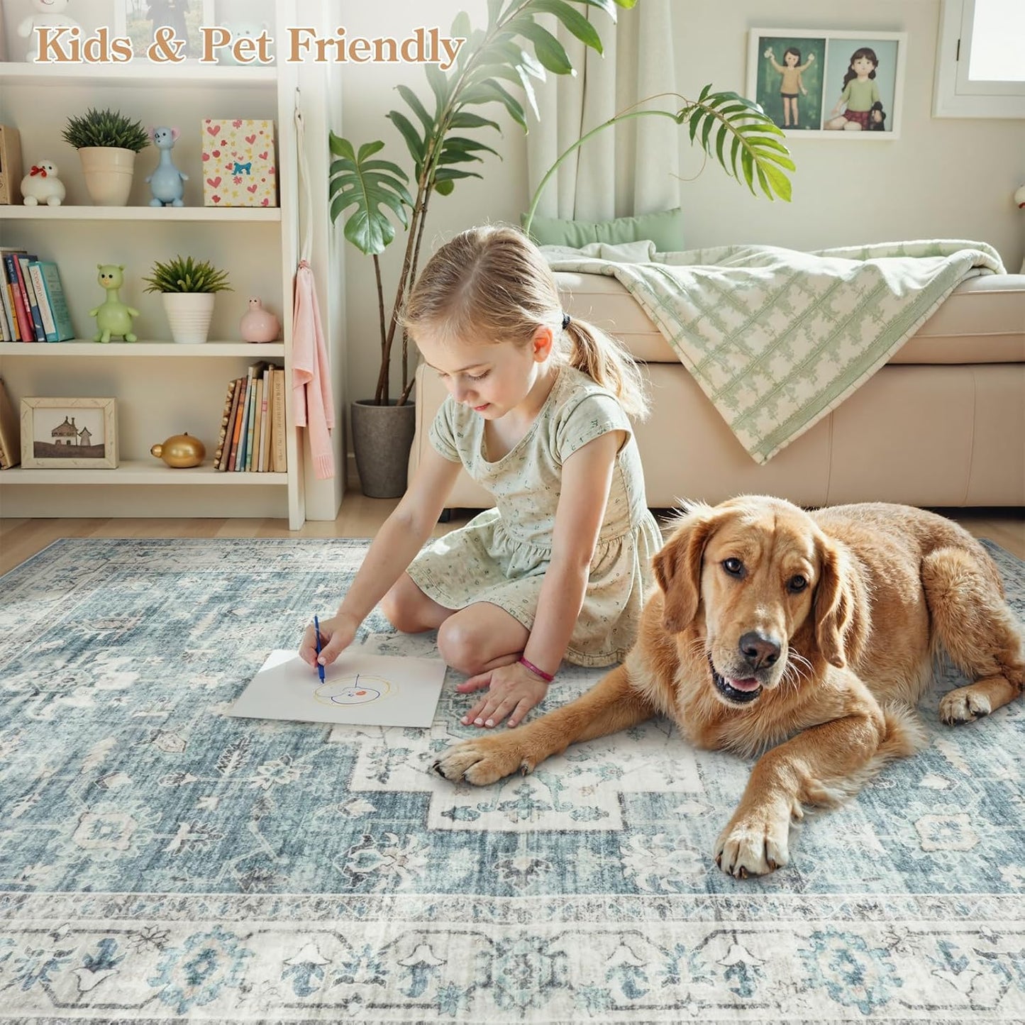 LIVEBOX Washable Area Rug 10x14 Rugs for Living Room Bedroom, Non-Slip Boho Indoor Carpet for Dining Room Office, Low-Pile Farmhouse Soft Carpets for Kids Nursery Room Playroom, Blue