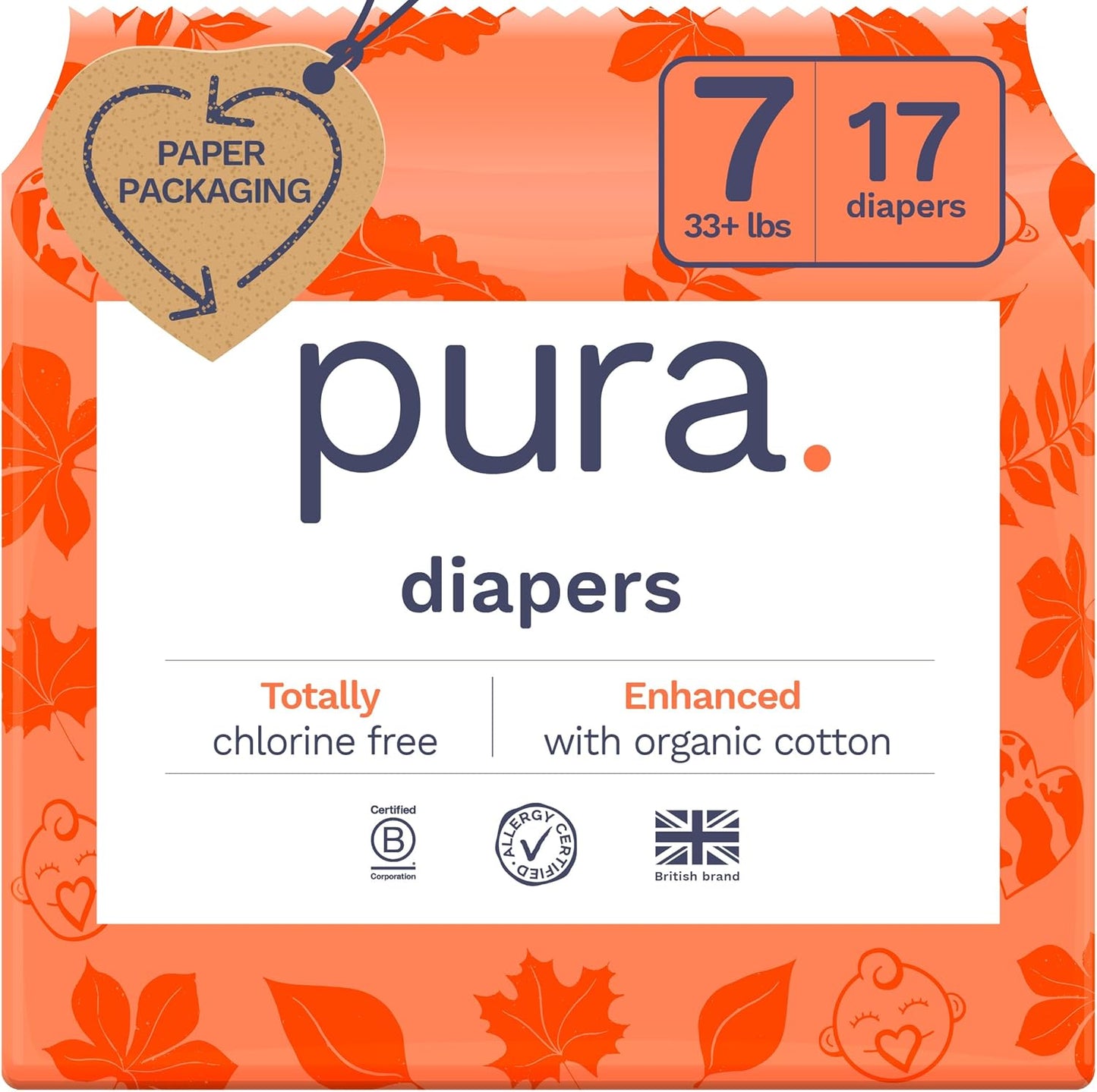Pura Size 7 Eco-Friendly Diapers (33+lbs) Totally Chlorine Free (TCF) Hypoallergenic, Soft Organic Cotton Comfort, Sustainable, up to 12 Hours Leak Protection, Allergy UK,1 Pack of 17 Diapers