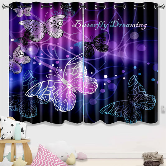 Butterfly Blackout Curtain for Girls Bedroom 2Pcs, Purple Window Curtain Panels Drapes Set Curtains 63 inch Length for Kids Bedroom Nursery Room Grommet Top Thermal Insulated Curtains, 82" x 63"