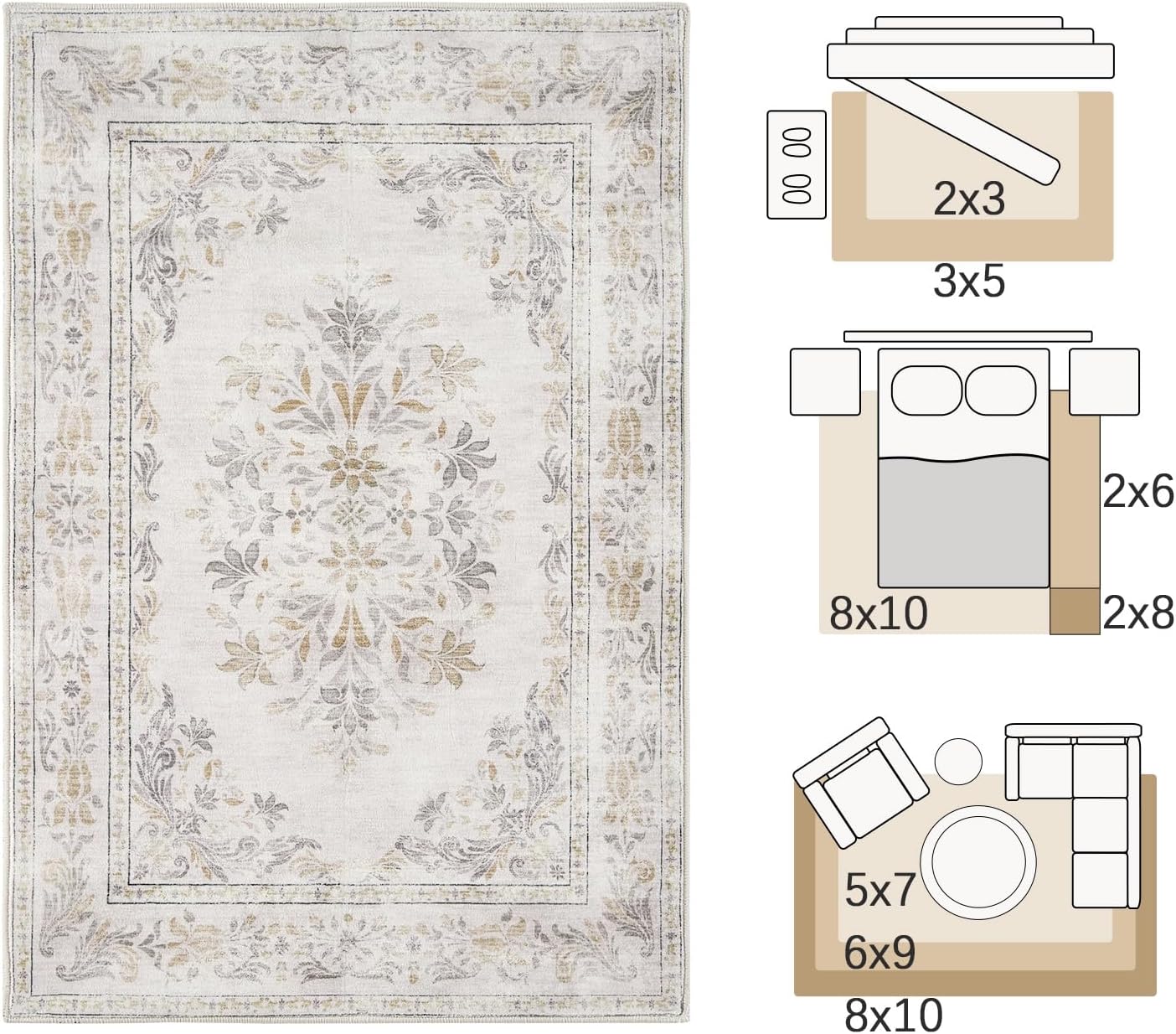 jinchan Vintage Floral 4x6 Area Rugs - Machine Washable Distressed Design Soft Ultra-Thin Low-Pile Non-Slip Carpet for Entryway Kitchen Bedroom Nursery Living Room Dining Room (4x6ft,Light Grey)