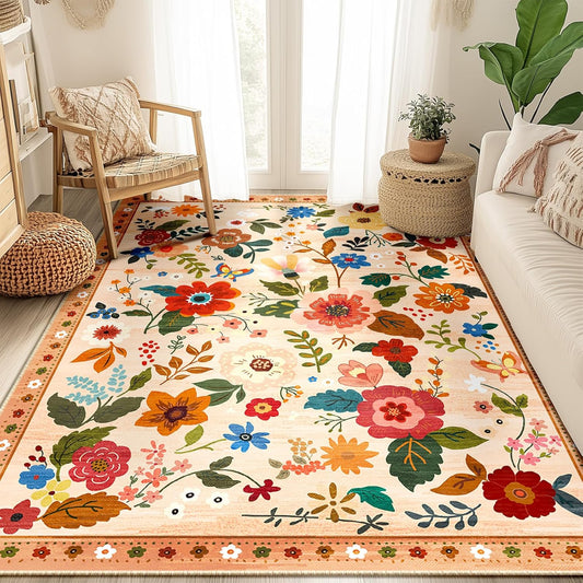 Floral 6x9 Area Rug Machine Washable Soft Print Boho Carpet Non Slip Doormat Low Pile Flower Area Rugs for Living Room Bedroom Nursery Kitchen Dining Room Indoor-Light Orange