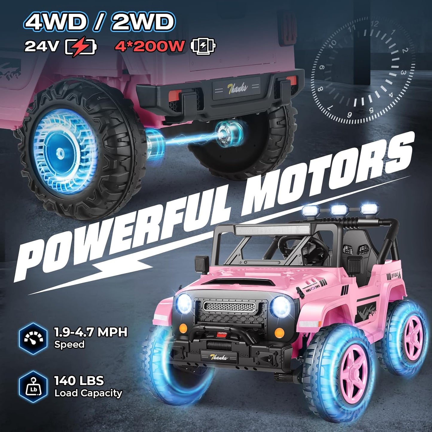 Hikole 24V Ride on Toys for Kids - 4WD/2WD Switchable 2 Seater Kids Electric Car with 4x200W Motors, Remote Control, 3 Speeds, LED Lights, MP3 Player, Safety Belt, Gift for Girls, Pink
