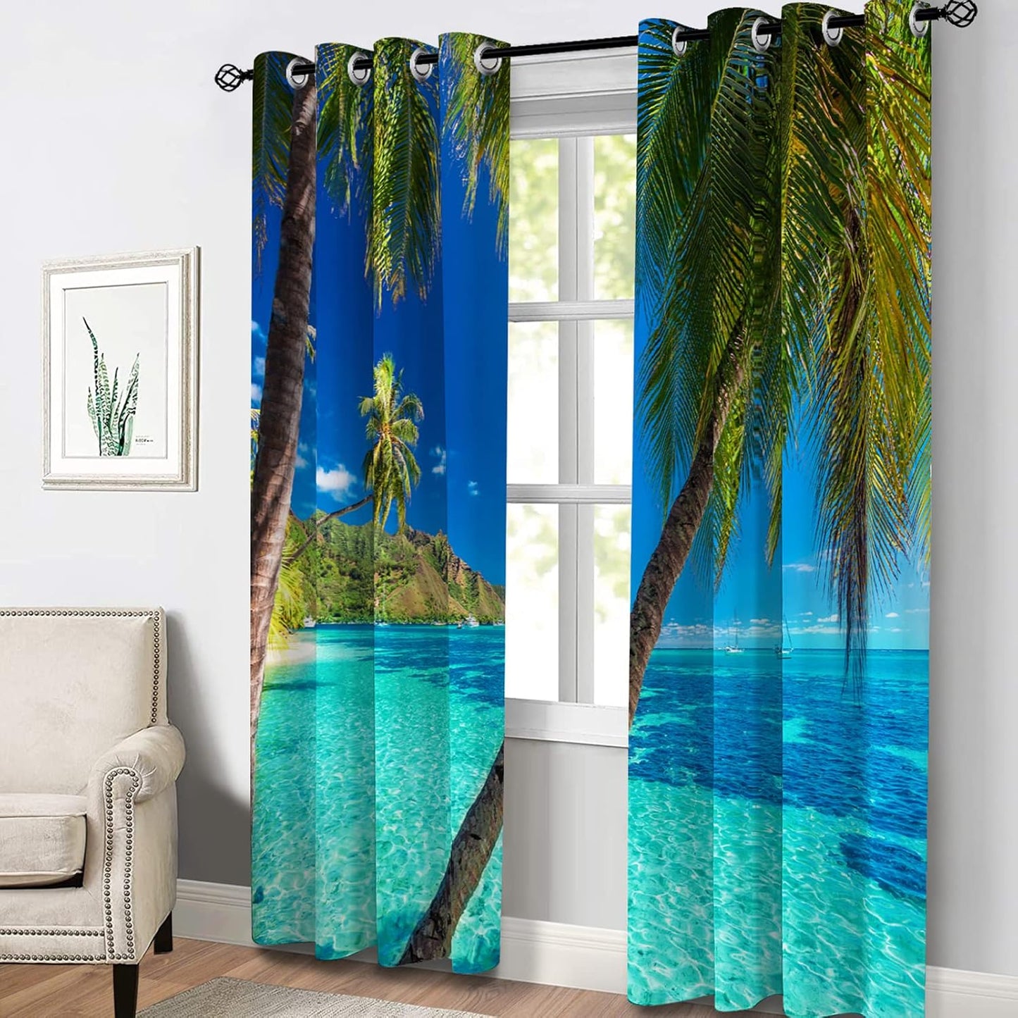 Aimego Palm Trees Blackout Curtains Blue Ocean Tropical Hawaiian Scenery Window Drapes Decor for Bedroom Living Room Grommet Top Room Darkening Curtains 2 Panel Set, 52"X84"