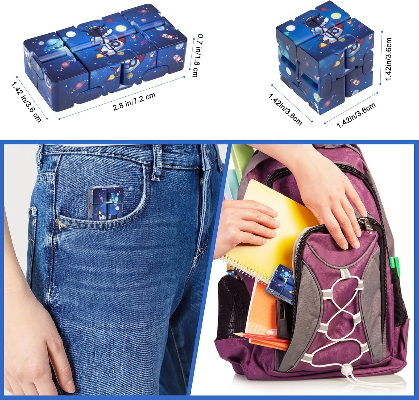 Infinitycube Fidget Toy Stress Relieving Fidgeting Game for Kids and Adults,Cute Pocket-sized Unique Gadget for Anxiety Relief and Kill Time (4, Galaxy & Astronauts)