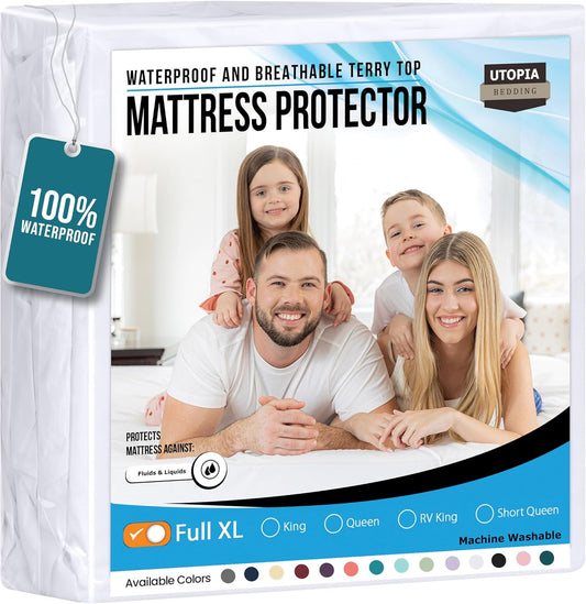 Utopia Bedding Waterproof Mattress Protector Full XL Size, Premium Terry Mattress Cover 200 GSM, Breathable, Fitted Style with Stretchable Pockets (White)