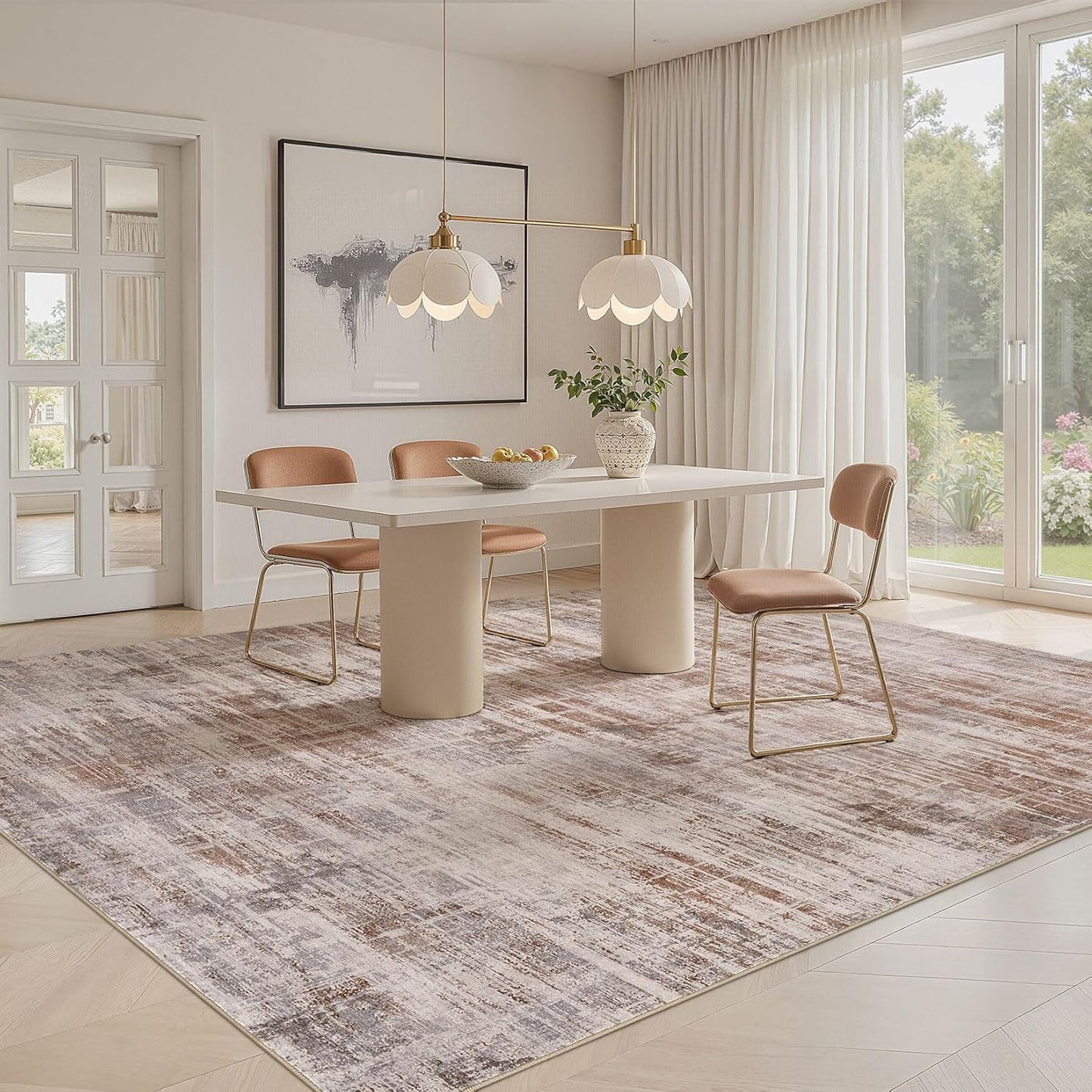 Area Rug for Living Room: 6x9 Washable Neutral Abstract Modern Soft Rugs Non Slip Indoor Floor Stain Resistant Large Carpet for Bedroom Dining Room Office Nursery - Red Brown