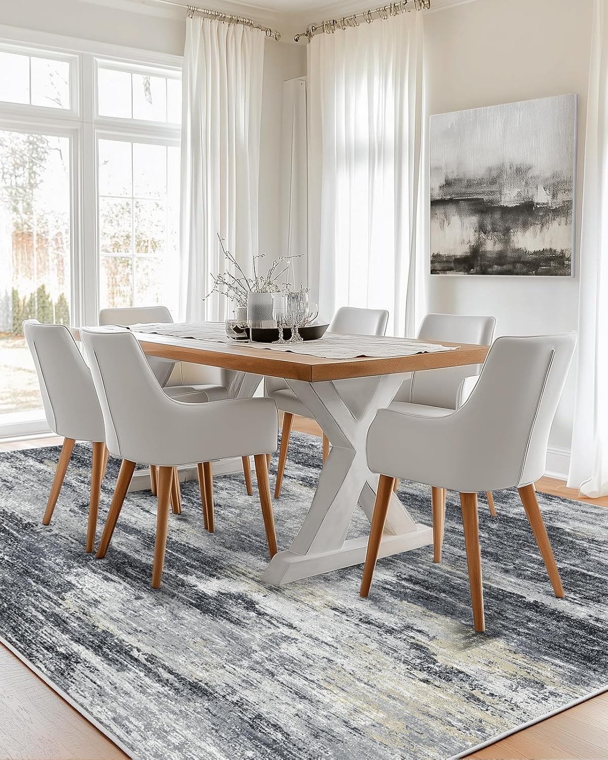 AMADA HOMEFURNISHING 6x9 Washable Area Rug, Modern Abstract Living Room Rug with Non-Slip Backing & Short Pile, Large Rug with Abstract Pattern for Living Room, Bedroom and Dinning Room, Light Grey